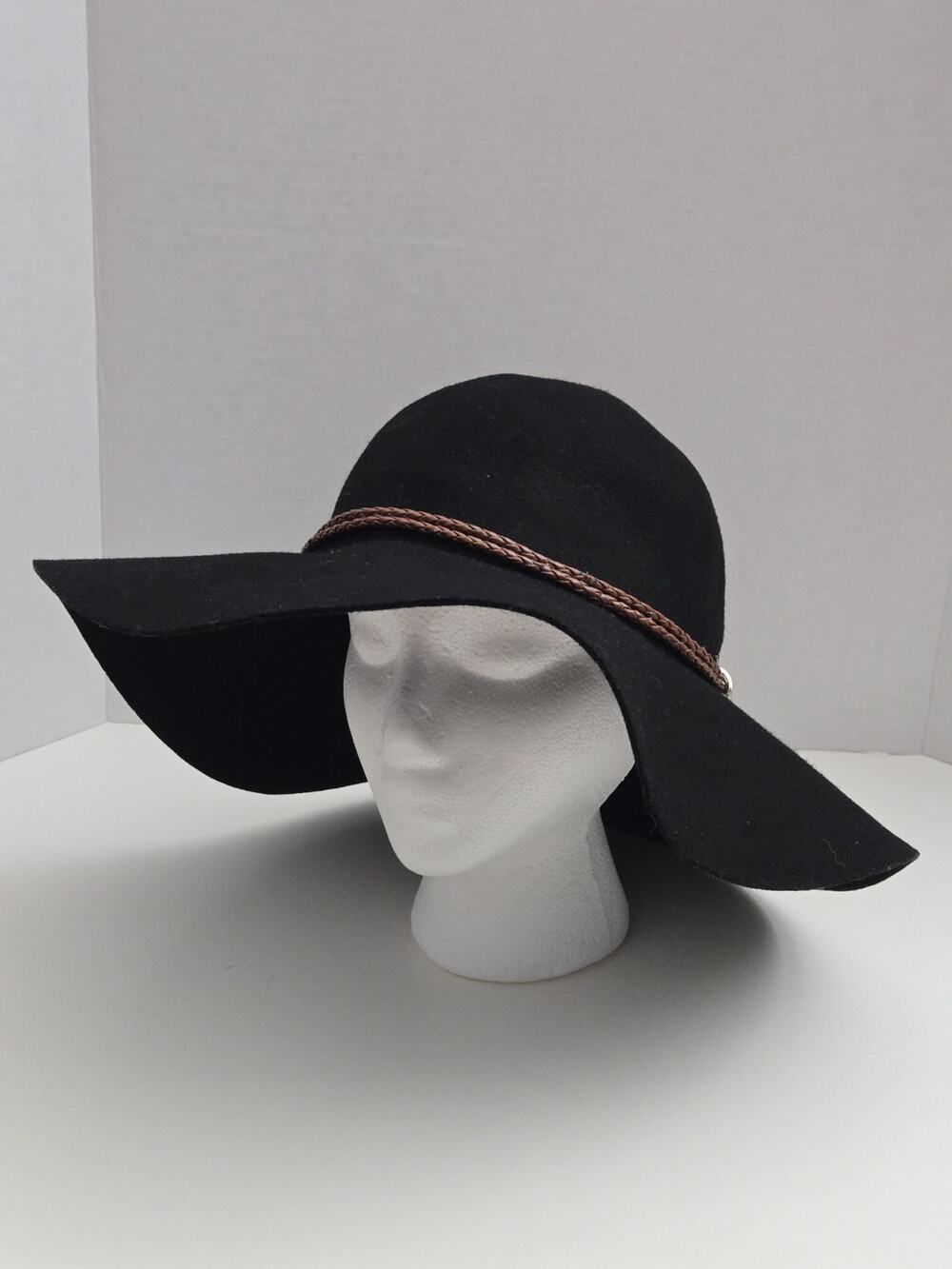 ANGELA AND WILLIAM Adjustable Wide Brim 100% Wool Felt Band Floppy Black Hat